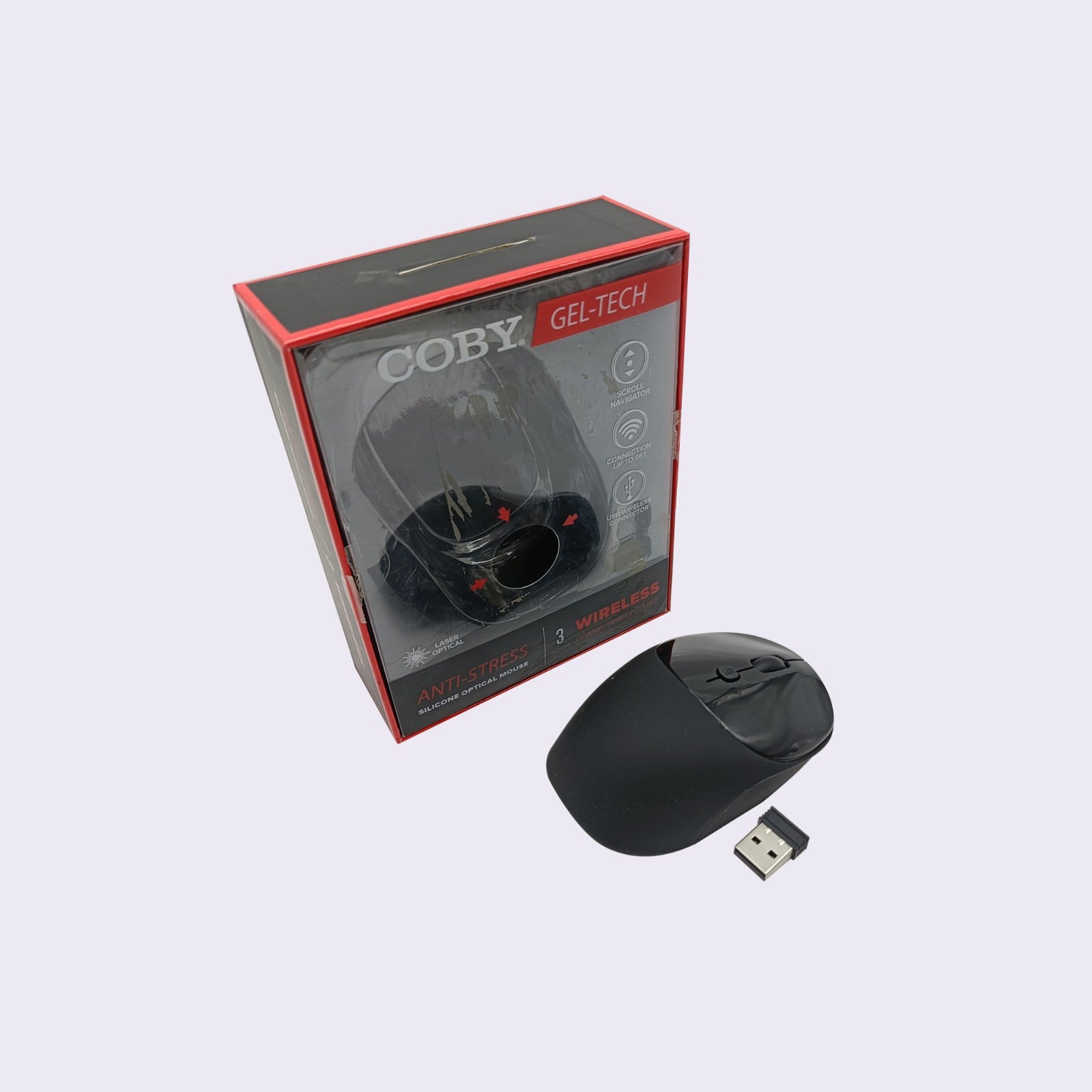 COBY Gel-Tech Wireless Optical Mouse – 3-Button Ergonomic Design with Anti-Stress Silicone Grip & 9ft Range