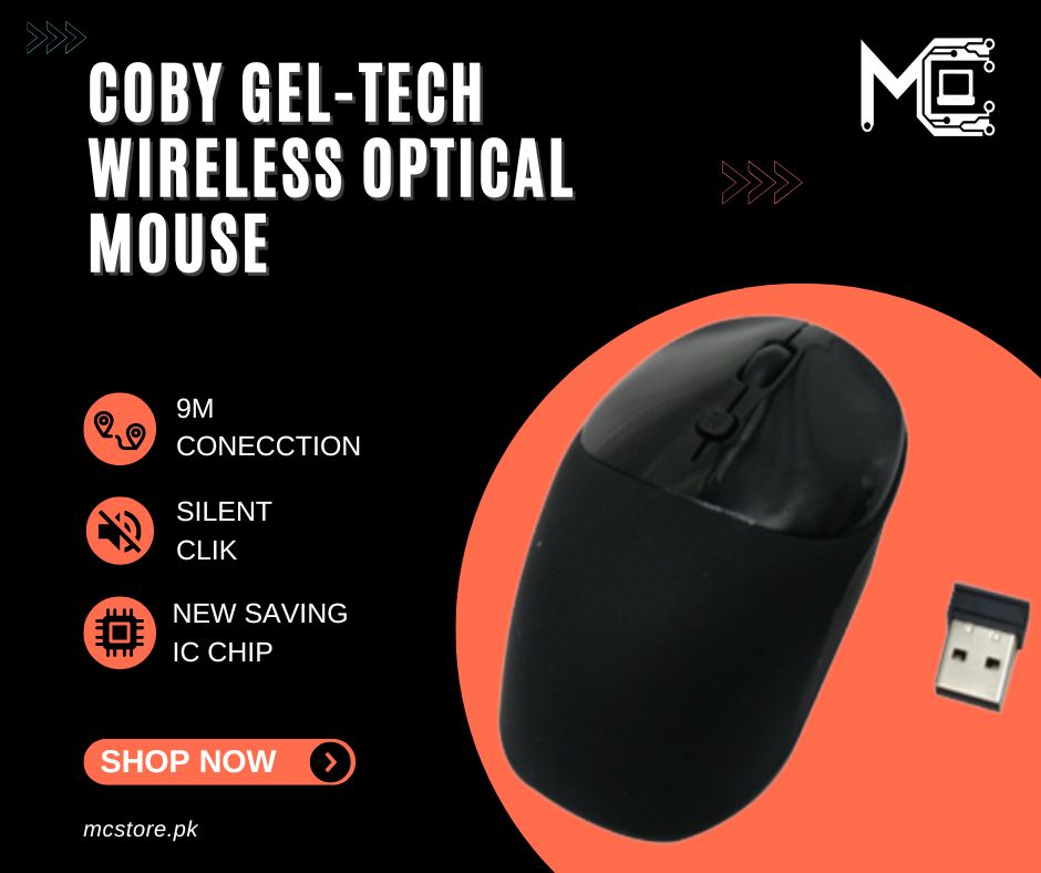COBY Gel-Tech Wireless Optical Mouse – 3-Button Ergonomic Design with Anti-Stress Silicone Grip & 9ft Range