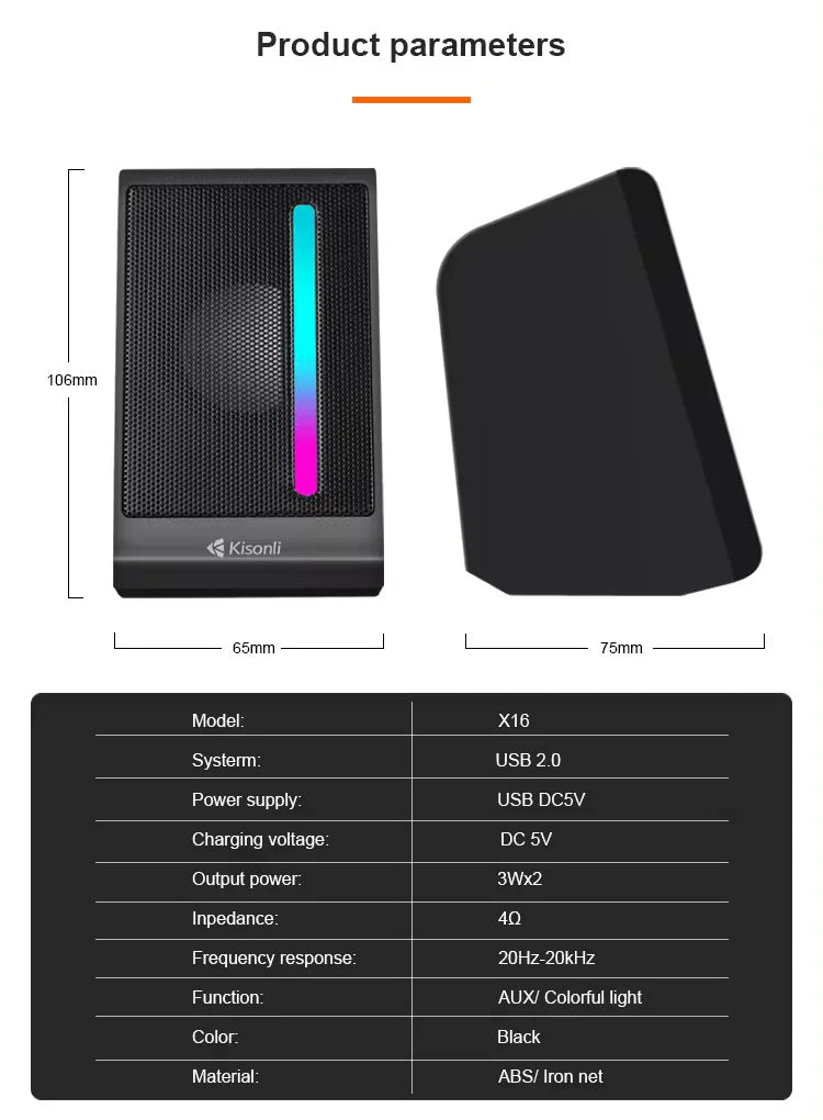 Kisonli X16 RGB Gaming Mini Portable Speaker – USB Powered with LED Lights & Stereo Sound