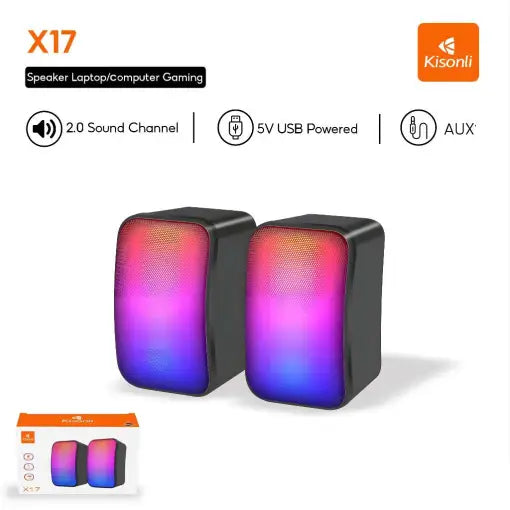 Kisonli X17 RGB Gaming Mini PC Speakers – USB Powered Stereo Sound System with LED Lighting